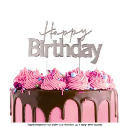 Happy Birthday Metal Cake Topper #1 - Silver - Click Image to Close